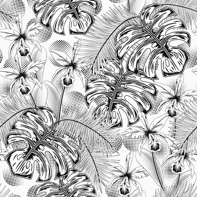 Disegno monocromatico senza cuciture con fogliame tropicale