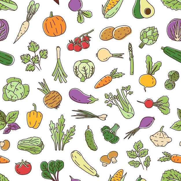 Disegno naturale senza cuciture colorato con verdure e insalate verdi. Sfondio lineare con prodotti organici sani. Sfondario ripetibile con verdure. Illustrazione lineare vettoriale.