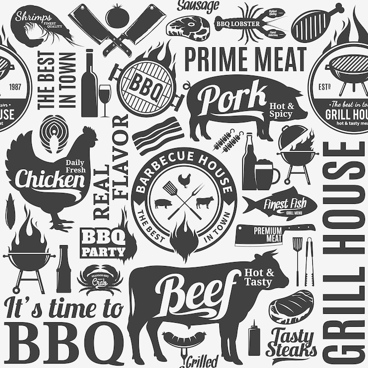 Vettore disegno o sfondo senza cuciture a barbecue vettoriale tipografico