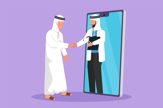 Disegno piatto del personaggio Paziente maschio arabo in piedi e che stringe la mano con il medico maschio che esce dallo smartphone e tiene appunti Consultazione medica online Cartoon design illustrazione vettoriale