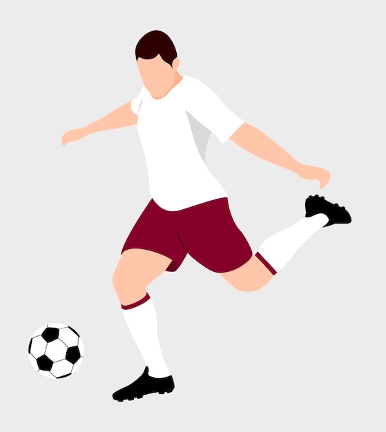 Disegno piatto di un giocatore di calcio nei colori della Coppa del Mondo del Qatar 2022 che colpisce un pallone da calcio