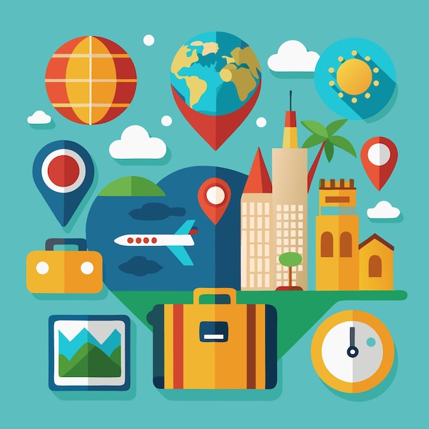Disegno piatto illustrazione di articoli da viaggio valigia aereo orologio globo posizione pin montagne palma città