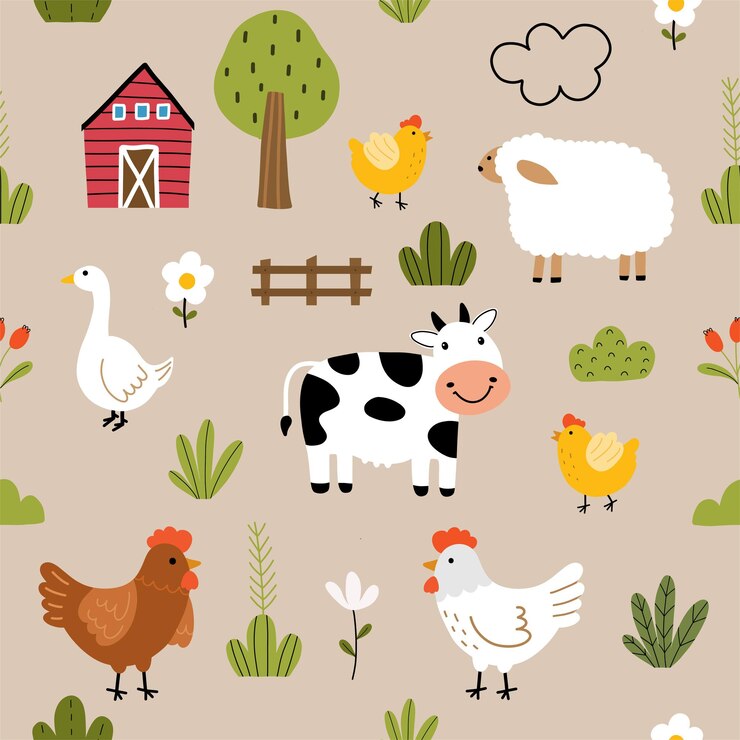 Disegno senza cuciture con animali di fattoria e fiori per il tuo tessuto bambini tessile bambini abbigliamento nursery decorazione regalo carta di avvolgimento illustrazione vettoriale