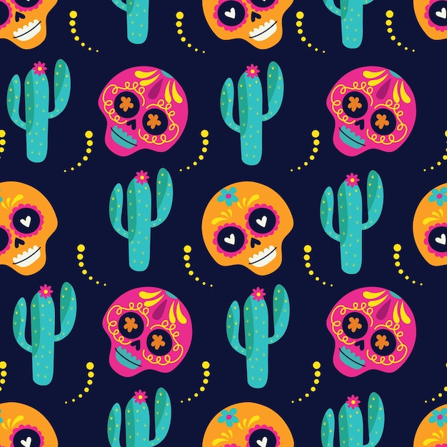 Disegno senza cuciture con cactus e cranio Disegno Cinco de Mayo che si ripete sullo sfondo Vettore illustrato