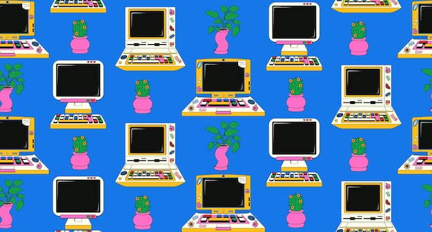 Disegno senza cuciture con computer in stile y2k sfondo vettoriale con computer d'epoca e piante d'appartamento estetica degli anni '70 '80 '90