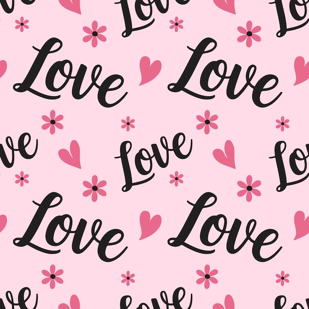 Disegno senza cuciture con la parola amore e cuori per il giorno di San Valentino sfondo romantico