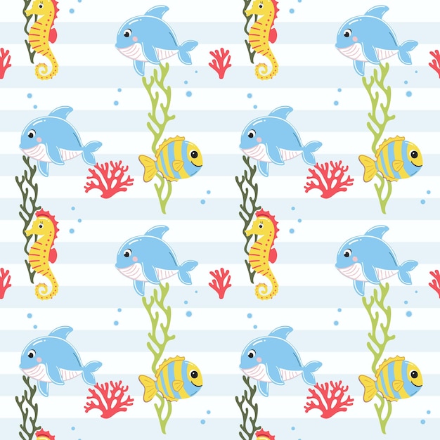 Disegno senza cuciture con polpo pesce granchio animali marini carinati mare sfondo colorato