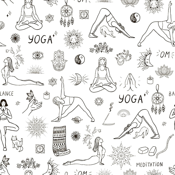 Vettore disegno senza cuciture con pose di yoga illustrazione di yoga vector