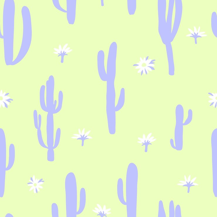 Disegno senza cuciture con silhouette di cactus e fiori colori blu e giallo disegno disegnato a mano