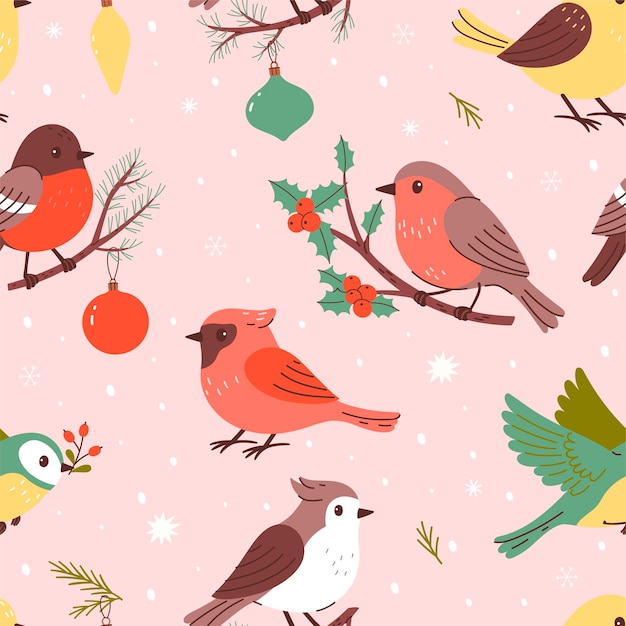 Disegno senza cuciture con uccelli di Natale invernali