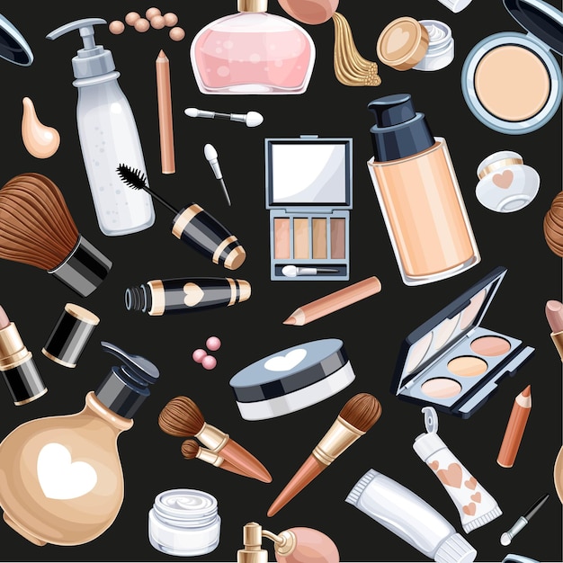 Disegno senza cuciture da oggetti cosmetici crema ombra oculare polvere per il viso pennello crema di base mascara su sfondo nero