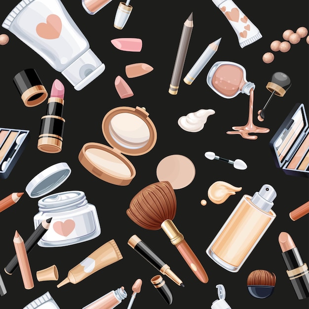 Disegno senza cuciture da oggetti cosmetici crema viso polvere rossetto pennello fondazione crema matita contorno su sfondo nero