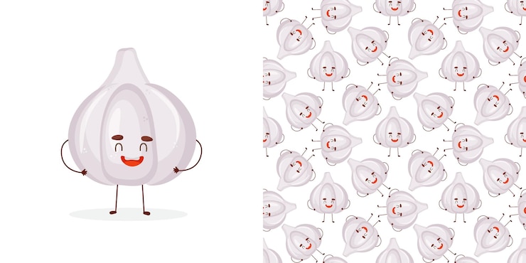 Vettore disegno senza cuciture del vettore dell'aglio con caricature di vegetali carinosi isolati su bianco