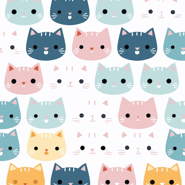 Disegno senza cuciture di facce carine di gatto Kawaii con varianti pastello colorate
