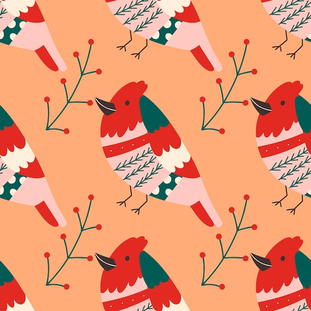 Disegno senza cuciture di Natale con uccello e aglio Illustrazione di stampa vettoriale disegnata a mano