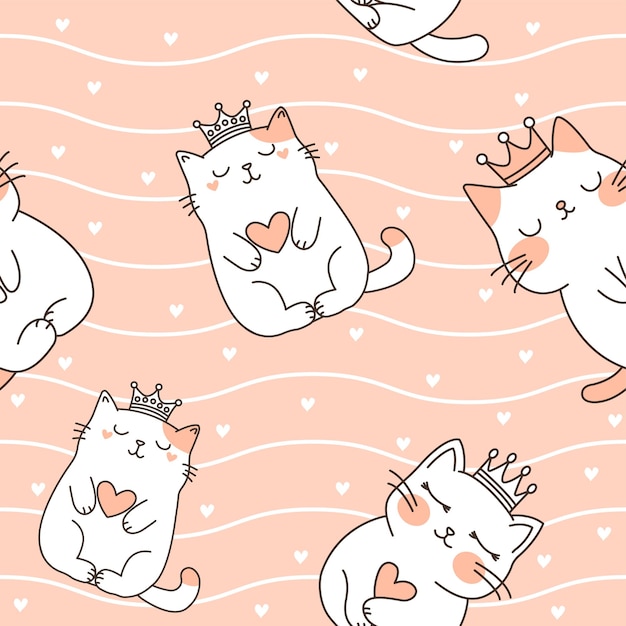 Disegno senza cuciture di un gatto d'amore carino che indossa una corona con linee ondulate su uno sfondo marrone