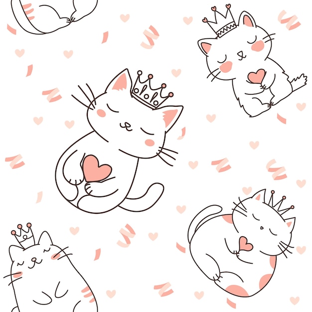 Disegno senza cuciture di una graziosa regina gatto che indossa una corona con decorazione di confetti di carta rosa