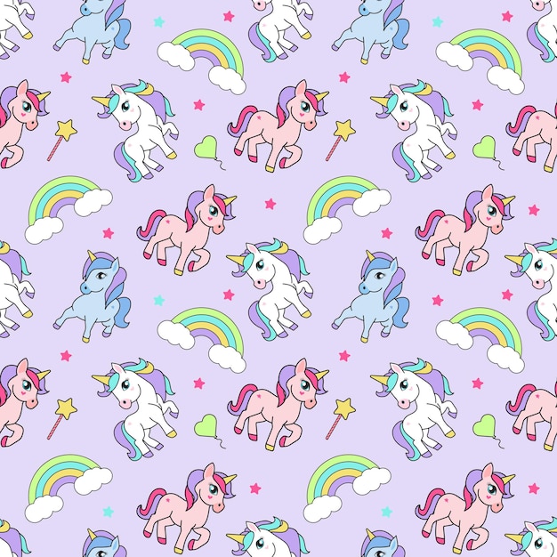 Disegno senza cuciture di unicorni multicolori sfondo festivo disegnato a mano per la decorazione di compleanno
