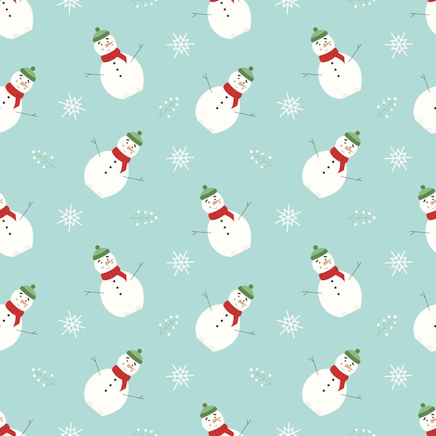 Disegno senza cuciture invernale con un simpatico pupazzo di neve in una sciarpa e un cappello a maglia e fiocchi di neve