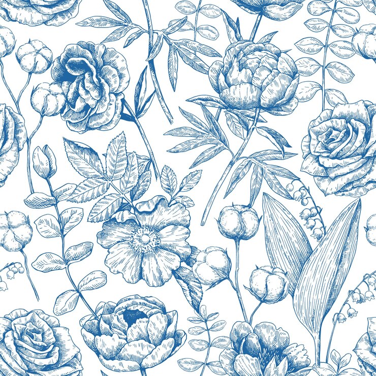 Disegno senza cuciture monocromatico con peonia ed eucalipto in stile incisione vittoriano