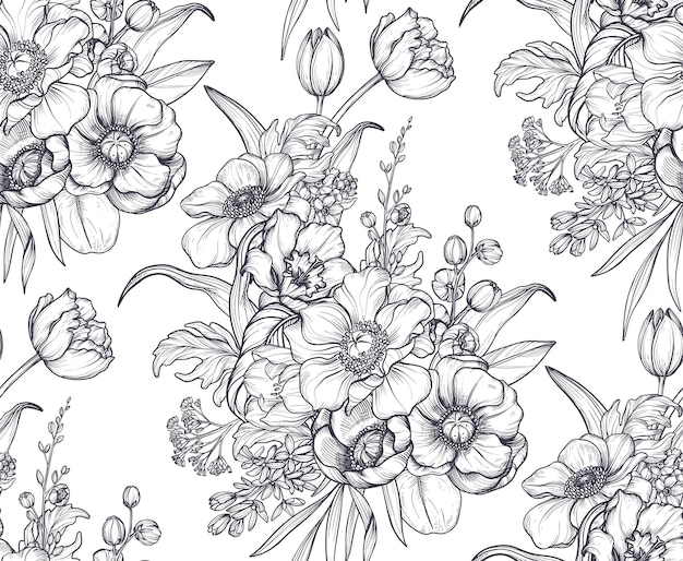 Disegno senza cuciture vettoriale con bouquet di fiori primaverili foglie e rami sfondo floreale infinito