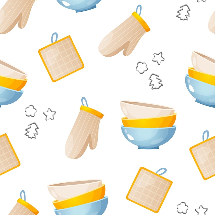 Vettore disegno senza cuciture vettoriale con utensili da cucina include moduli da forno, guanti per forno, portafogli ecc.