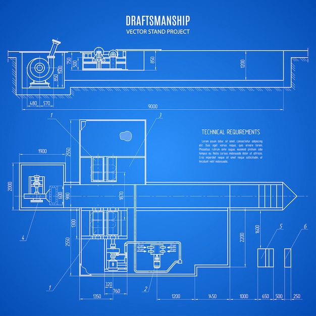 Disegno tecnico del modello di una progettazione del supporto su fondo blu. progetto di costruzione