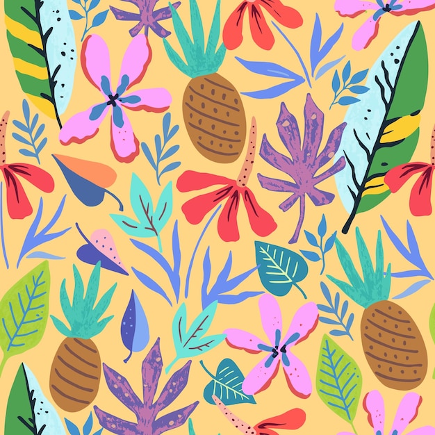 Disegno tropicale con elementi floreali e fruttati vettoriali