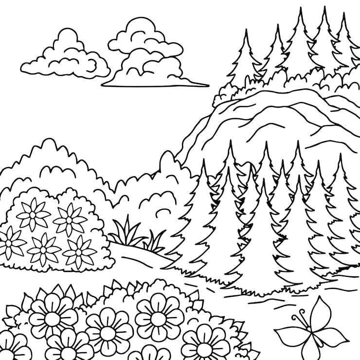 Vettore disegno vettoriale da colorare pagina paesaggio natura