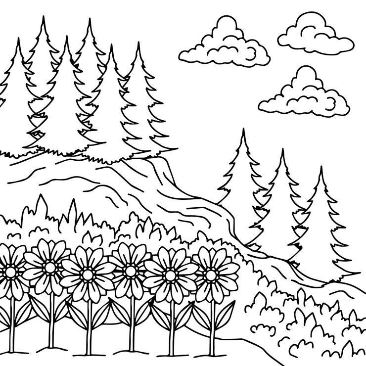 Vettore disegno vettoriale da colorare pagina paesaggio natura