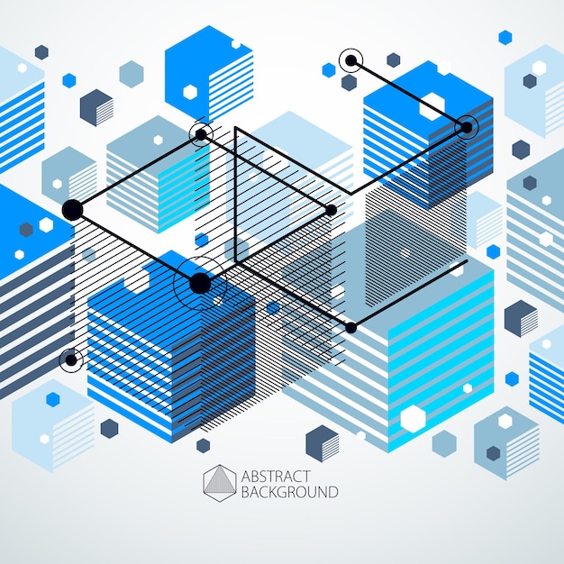 Disegno vettoriale del sistema industriale blu creato con linee e cubi 3D. La moderna composizione geometrica può essere utilizzata come modello e layout.