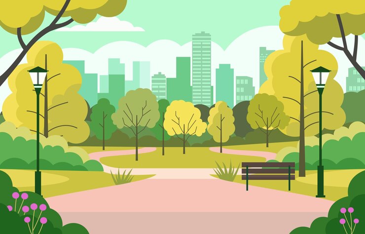 Vettore disegno vettoriale di alberi verdi nel parco della città con un grattacielo in un giorno luminoso