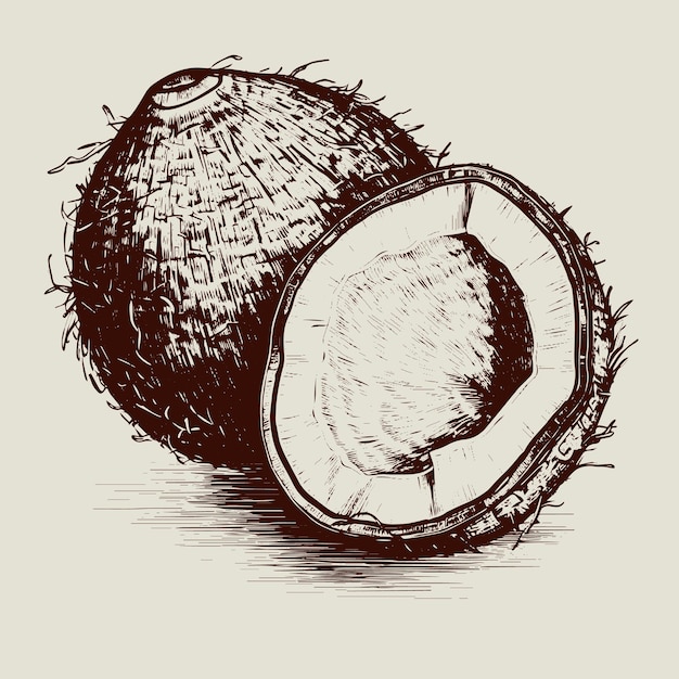 Disegno vettoriale di cocco Oggetto disegnato a mano isolato illustrazione in stile inciso