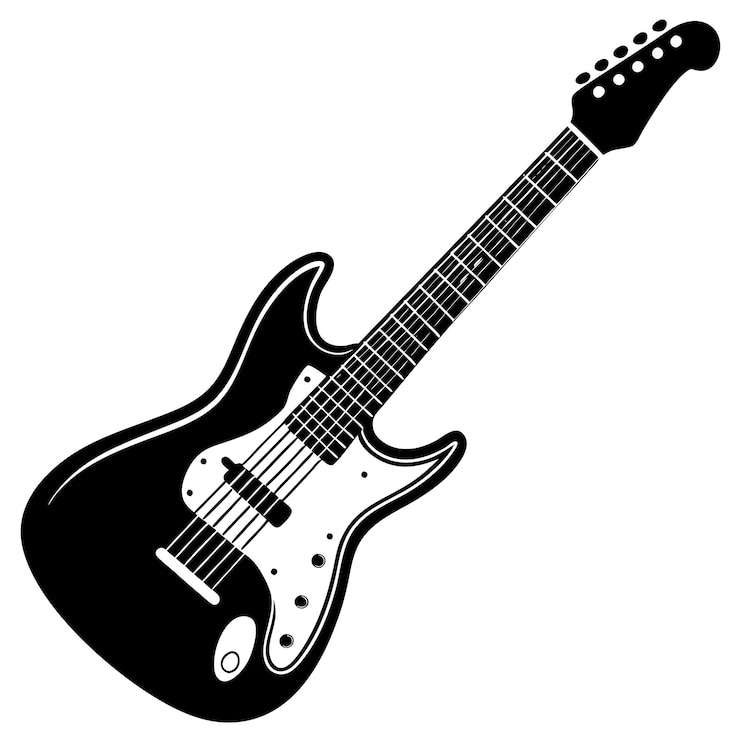 Vettore disegno vettoriale di icone di silhouette di chitarra elettrica in bianco e nero su sfondo bianco