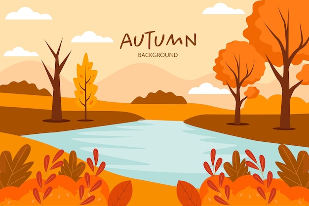 disegno vettoriale di illustrazione di sfondo autunnale in stile piatto con lago