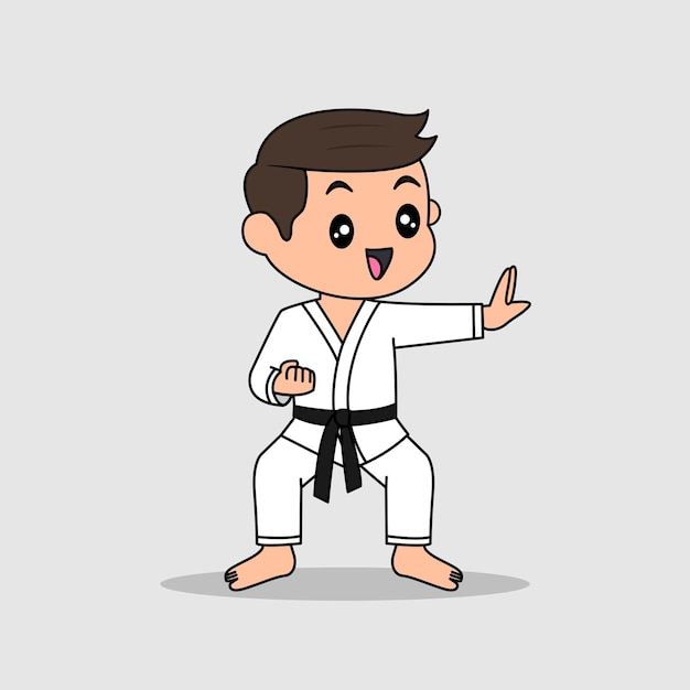 Disegno vettoriale di un bambino carino che si allena e mostra la postura del karate