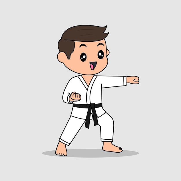 Disegno vettoriale di un bambino carino che si allena e mostra la postura del karate