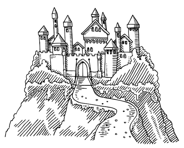 Disegno vettoriale disegnato a mano di un castello di favole su una roccia schizzo nero e bianco su un trasparente