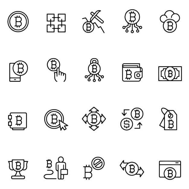 Disegno vettoriale disegnato a mano Set di icone Bitcoin Sketch bianco e nero sfondo trasparente