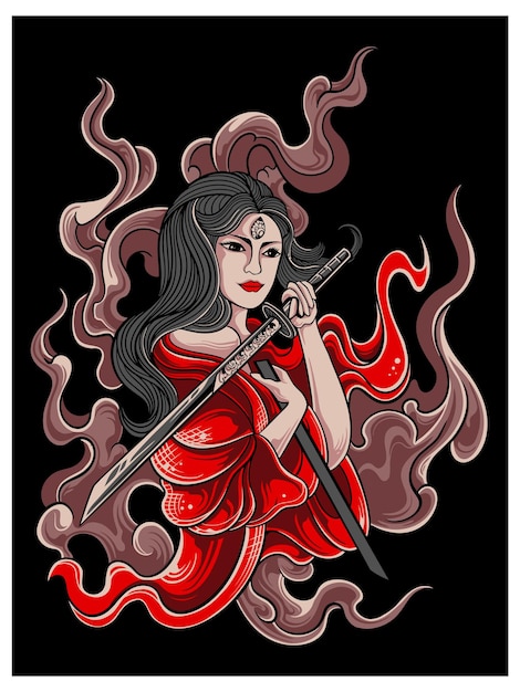 disegno vettoriale donna geisha con spada samurai, colore modificabile