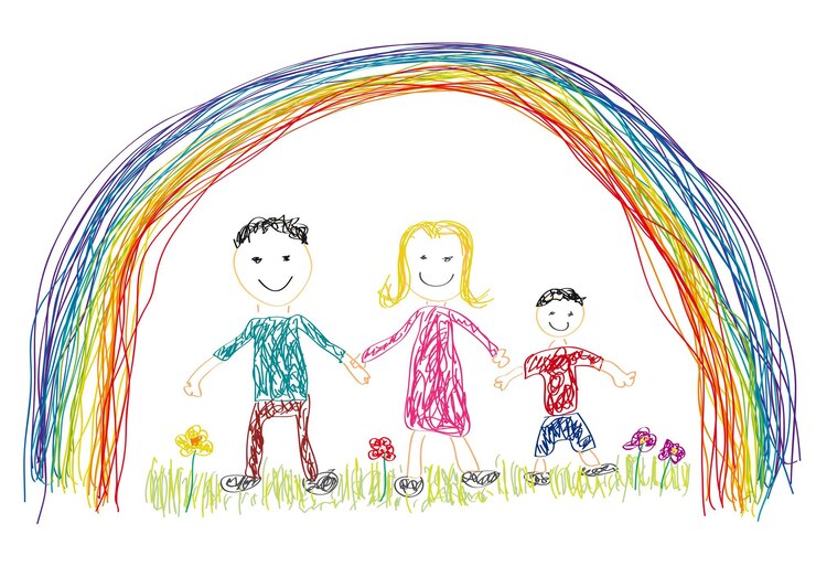 Disegno vettoriale fatto da una famiglia felice di bambini in primavera con l'arcobaleno
