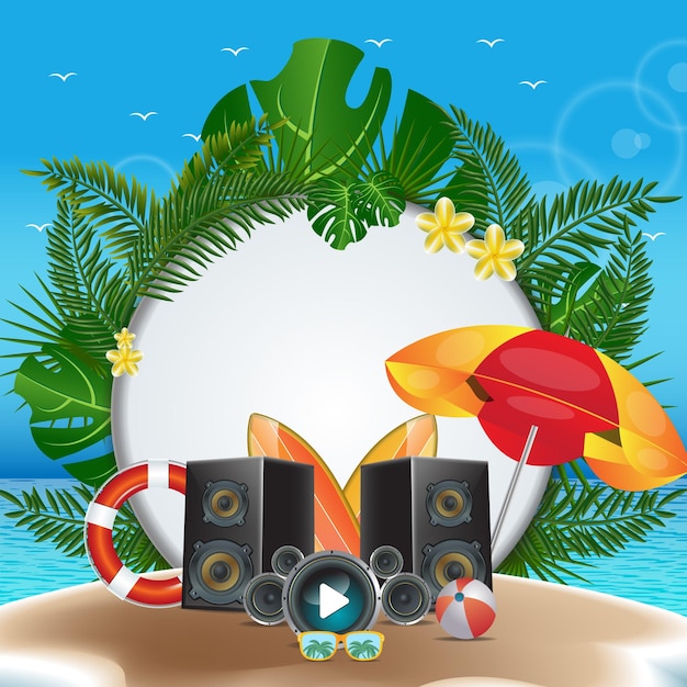 Disegno vettoriale festa in spiaggia estiva con elementi musicali su sfondo tropicale