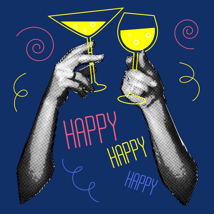 Vettore disegno vintage del nuovo anno striscione degli anni '90 con l'immagine di mani che tengono bicchieri di champagne