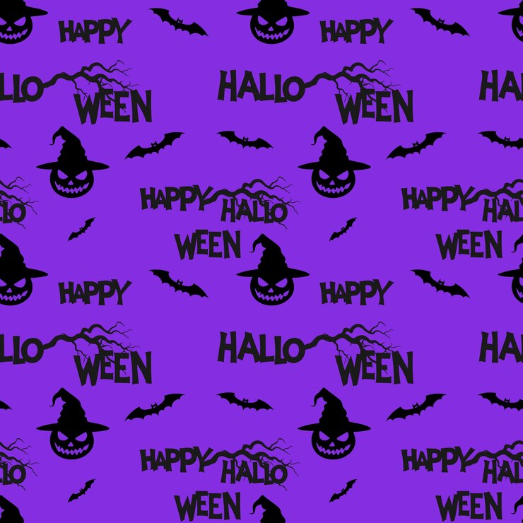 Vettore disegno viola con lettere di happy halloween e pipistrelli e zucche sullo sfondo di un albero nodoso