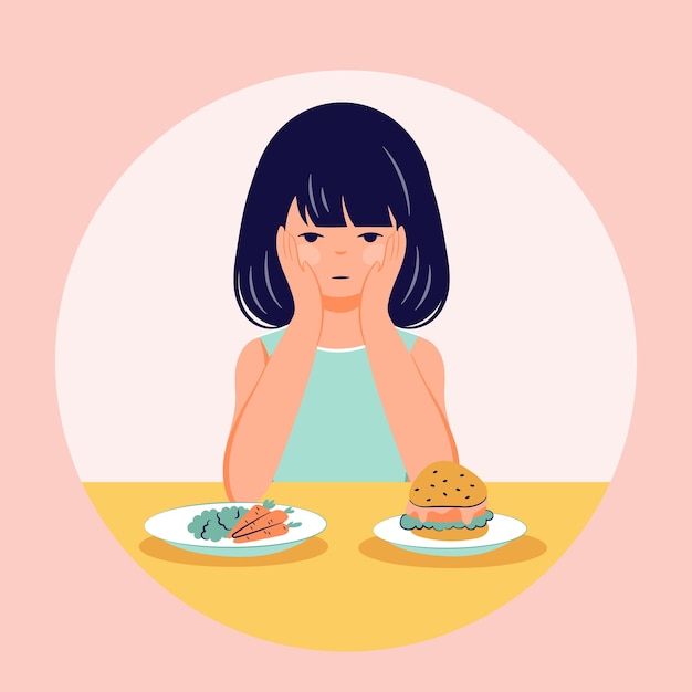 Disordine alimentare concetto Ragazza rifiuta il cibo Problema di anoressia illustrazione di persona piatta