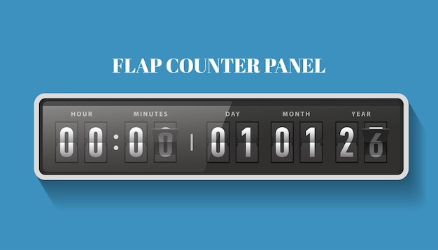 Display retro flip counter panel che mostra l'ora e la data 00 00 01 01 26
