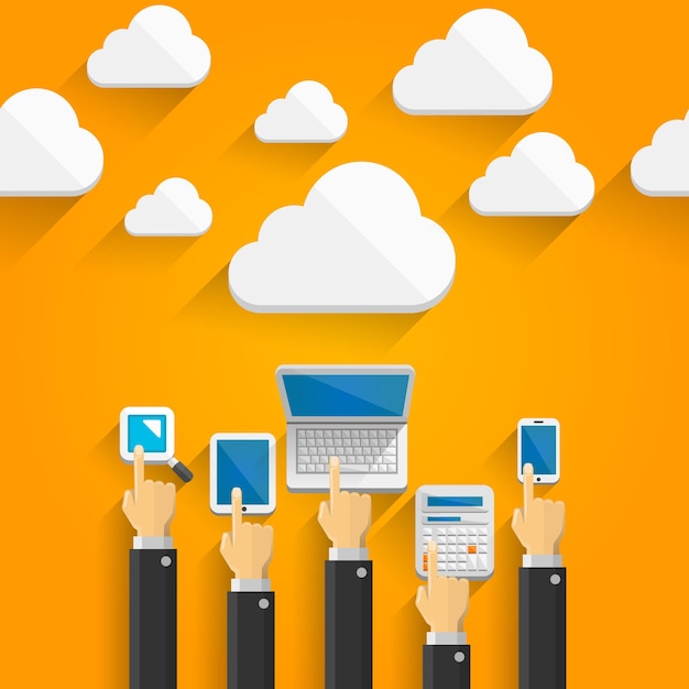 Dispositivi cloud con mani art. Illustrazione vettoriale