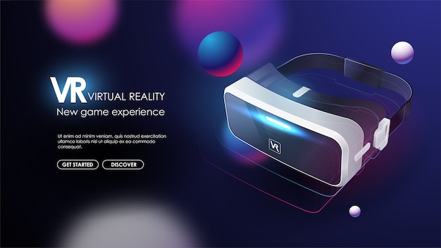 Dispositivi VR, occhiali virtuali, occhiali per realtà virtuale, dispositivi per giocare ai videogiochi elettronici nello spazio cibernetico digitale. Poster futuristico.