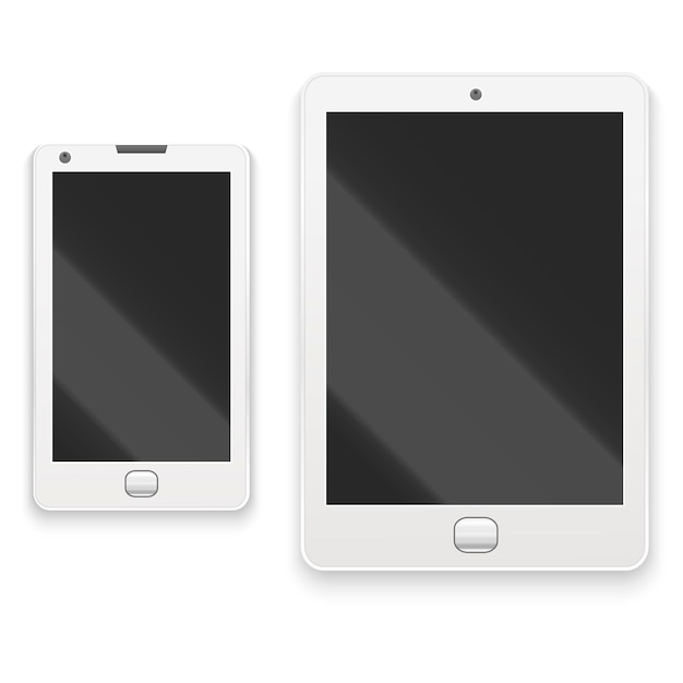 Dispositivo di tecnologia di comunicazione elettronica del telefono e del tablet bianco dettagliato realistico, display digitale. Illustrazione vettoriale