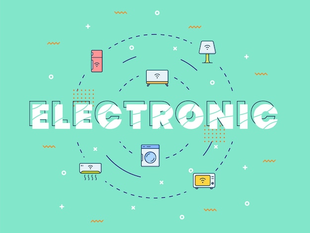 Dispositivo elettronico iot internet of things concept con testo grande al centro e icona diffusa in uno stile piatto moderno